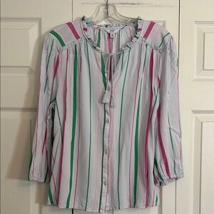 Crown & Ivy Women’s XL Striped Button-Up Blouse 3/4 Sleeve Tie Embroidered. F1